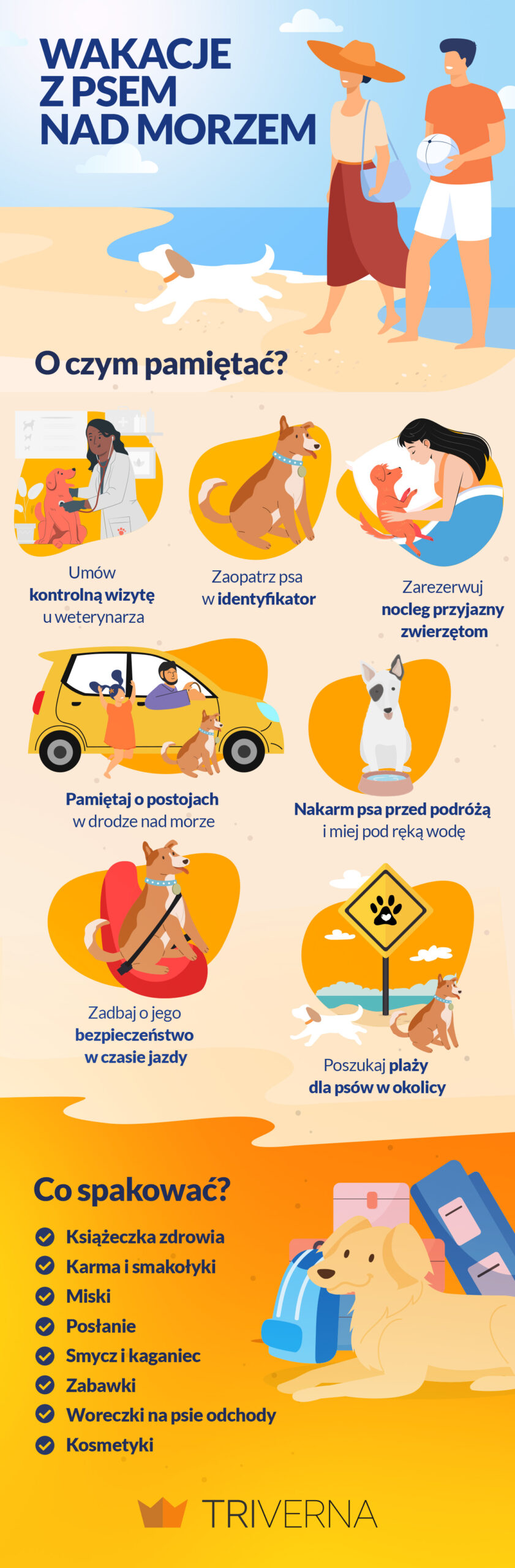 Infografika przedstawiająca porady na wakacje z psem nad morzem