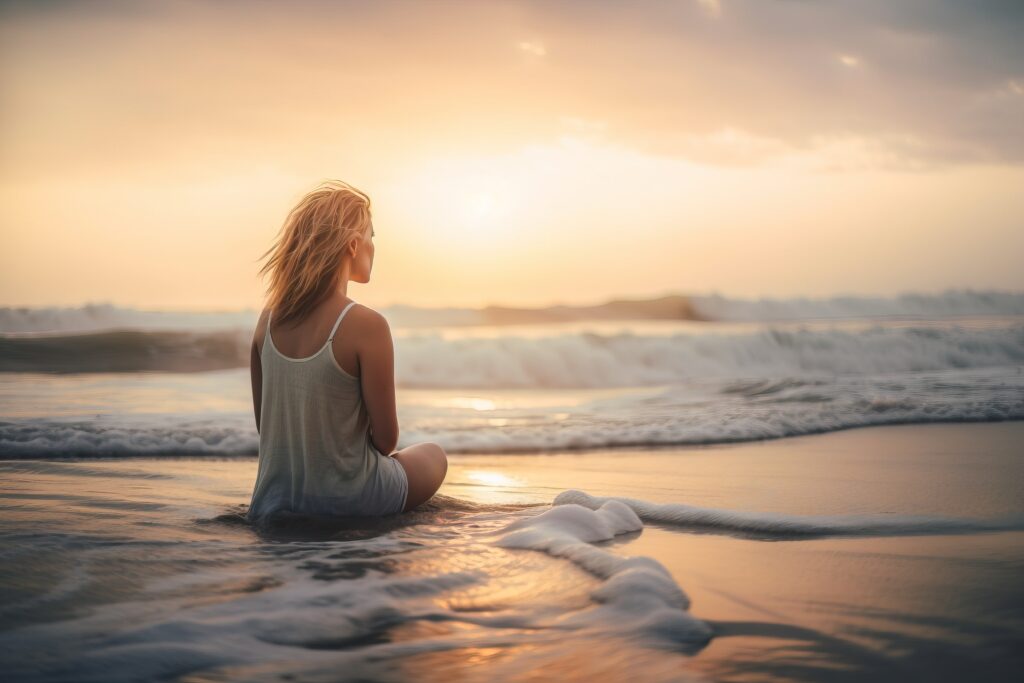 Zdjęcie dziewczyny siedzącej na piasku nad morzem
