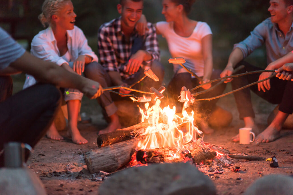 Grupa znajomych przy ognisku podczas letniego wieczoru