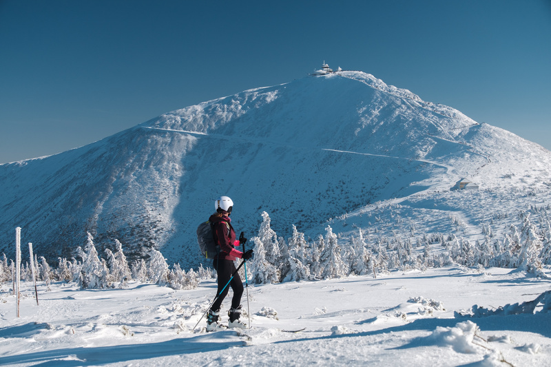 Narciarka ze Śnieżką w tle