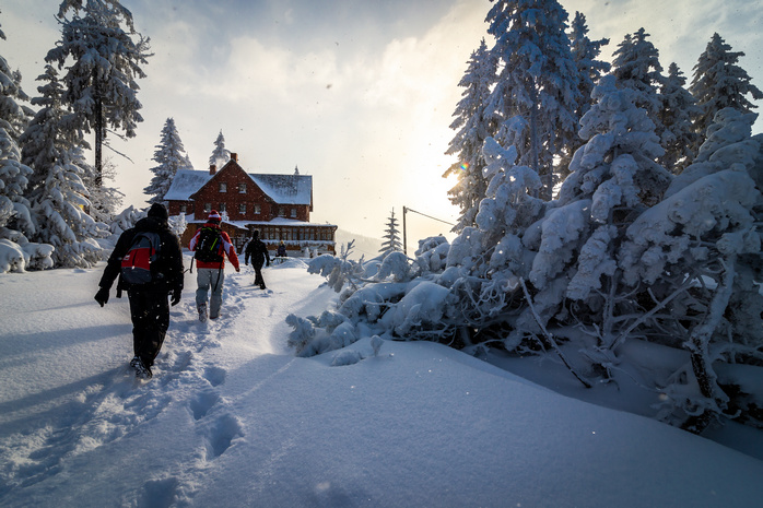 Turyści przemierzający szlak w Górach Sowich zimą