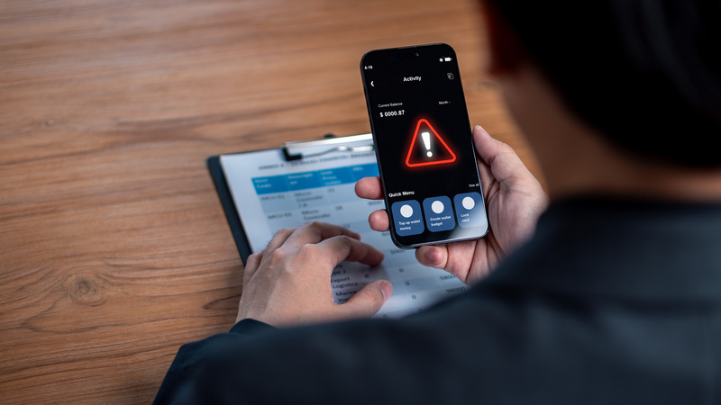 Mężczyzna z telefonem, na ekranie którego widnieje alert