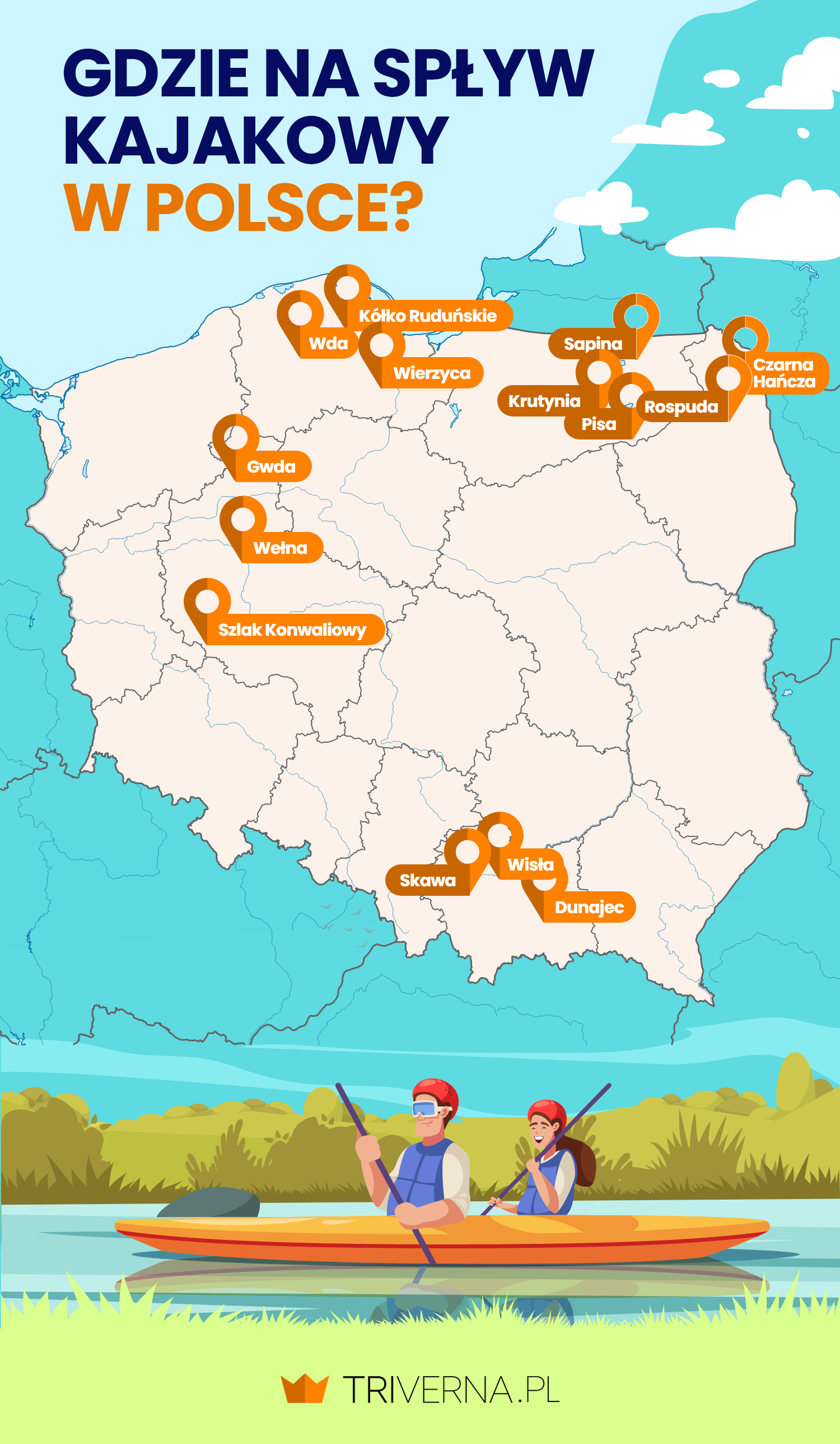 Gdzie na kajaki w Polsce - infografika z polecanymi miejscami na spływ kajakowy