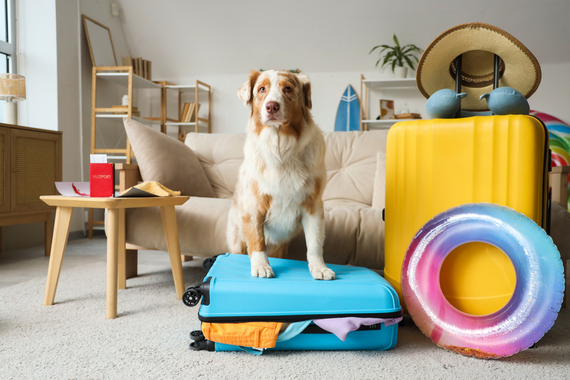 Pies siedzący na walizce przygotowanej na wyjazd na wakacje
