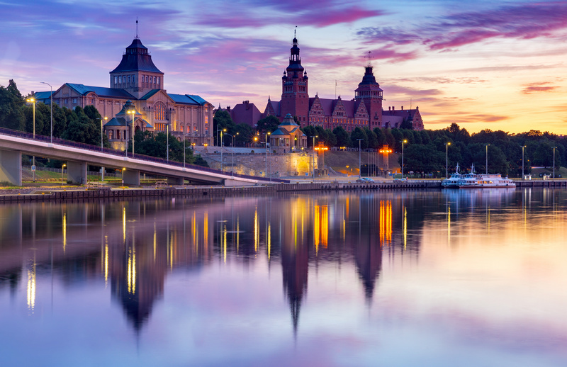 Panorama Szczecina o zachodzie słońca