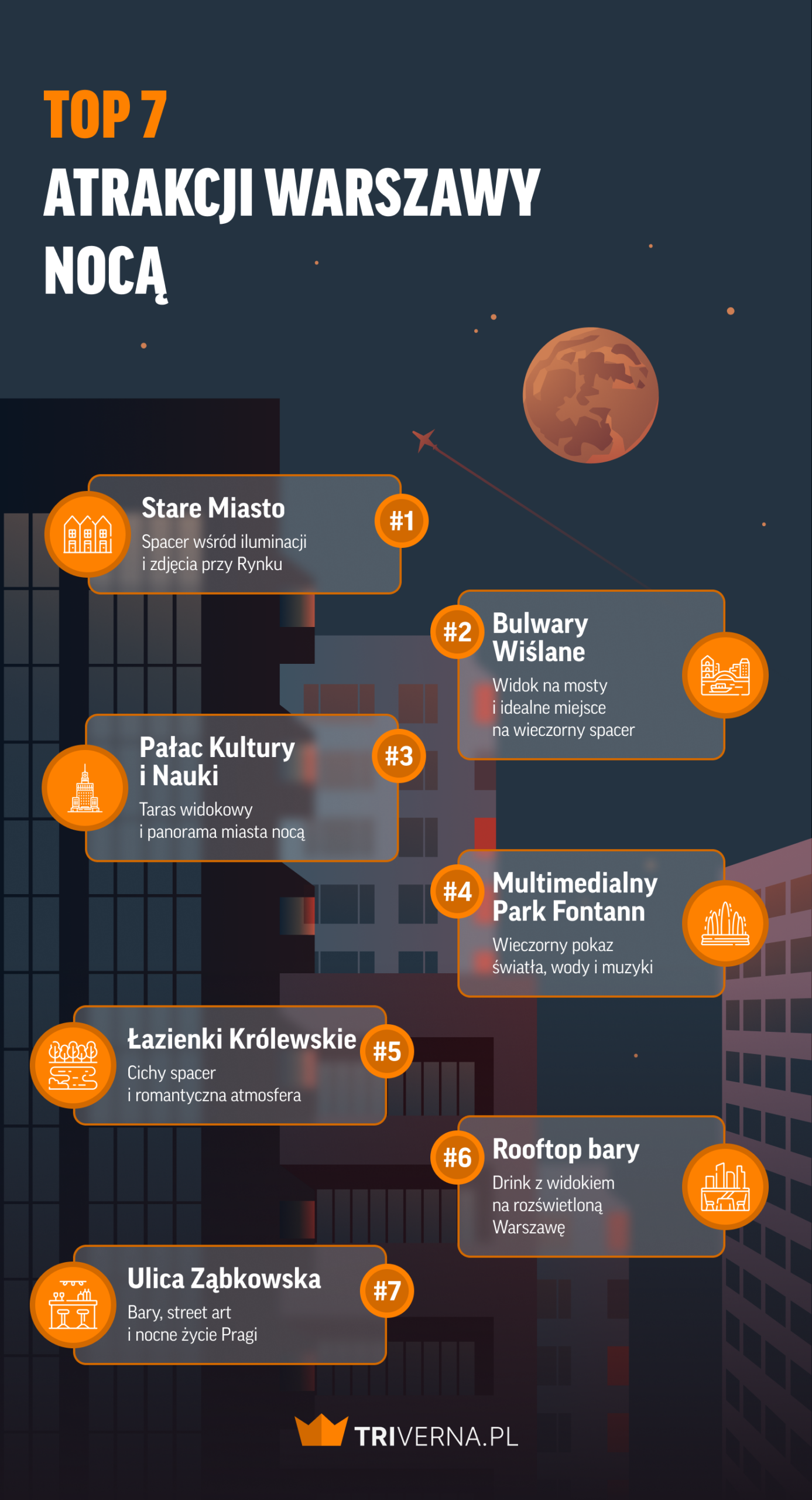 TOP 7 atrakcji Warszawy nocą - infografika