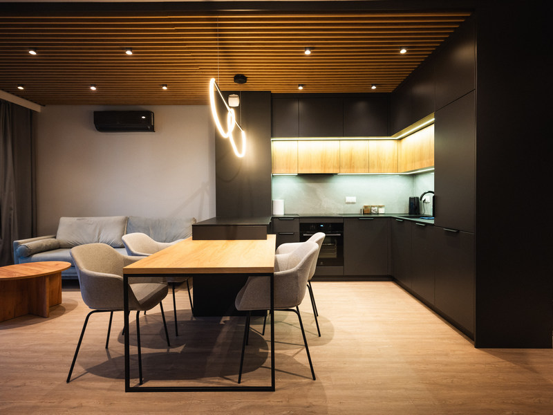 Salon z aneksem kuchennym w apartamencie nad Jeziorem Żywieckim