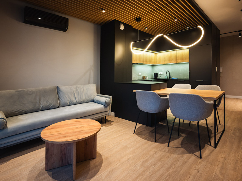 Salon z aneksem kuchennym w apartamencie nad Jeziorem Żywieckim