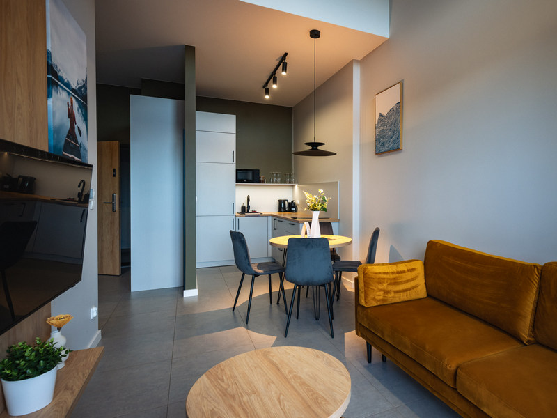 Salon z aneksem kuchennym w apartamencie nad Jeziorem Żywieckim