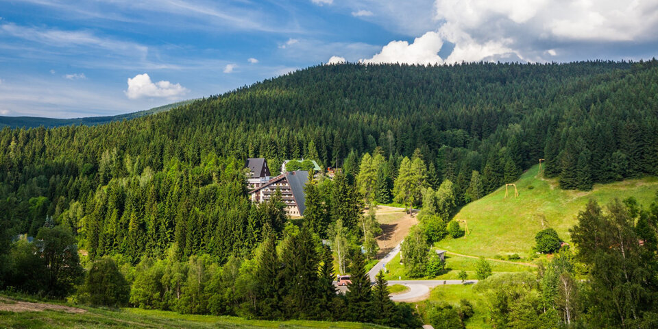 Hotel znajduje się wśród lasów i gór