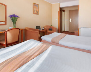 Pokój standard posiada 2 łóżka, kącik kawowy, TV, wifi, minibar i łazienkę