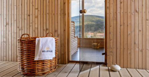 W strefie wellness znajduje się sauna z panoramicznym widokiem