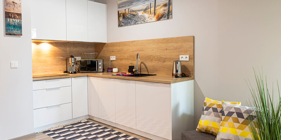 Każdy apartament dysponuje doskonale wyposażonym aneksem kuchennym