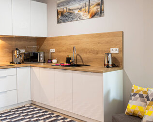 Każdy apartament dysponuje doskonale wyposażonym aneksem kuchennym